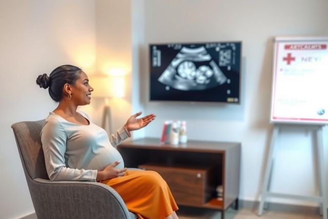 Pregnant woman at an ultrasound appointment, viewing images on a screen. A cozy, modern room with warm lighting. Focus on maternal health and prenatal care.