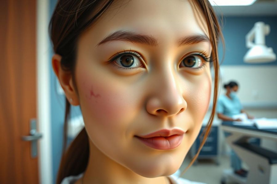 Close-up of a smiling healthcare professional in a medical setting. Features a female doctor or nurse with a warm expression, visible in a bright, clean clinic or hospital environment. Focus on facial features and professional medical context.