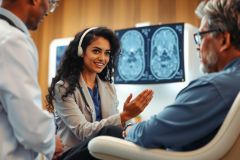 Doctor discussing MRI scan results with a patient in a medical clinic. Focus on diagnostic imaging and healthcare consultation. A concerned expression is visible.