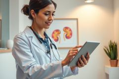 Doctor examining a tablet in a medical office. She wears a white coat and stethoscope. A diagram of kidneys is visible on the wall. Healthcare professional using technology for patient care.