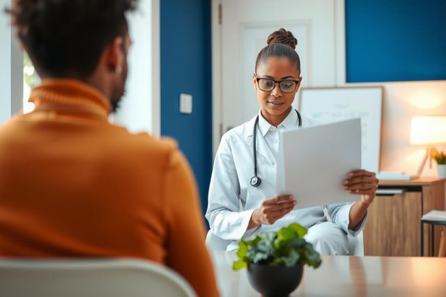 Doctor examining patient in a brightly lit office. The healthcare professional, wearing a white coat and stethoscope, reviews documents while the patient sits opposite. Modern medical setting.