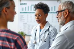 Doctor in white coat examines patient during consultation. Healthcare professional and patient in a clinic setting. Medical discussion and check-up.