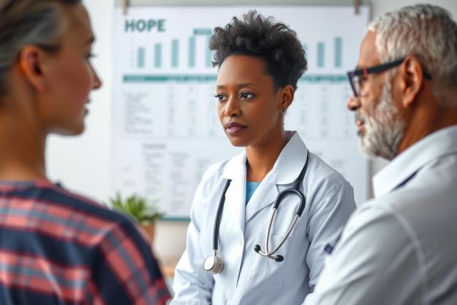 Doctor in white coat examines patient during consultation. Healthcare professional and patient in a clinic setting. Medical discussion and check-up.