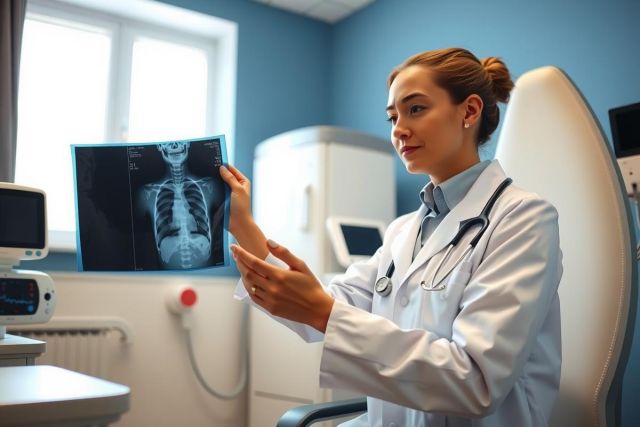 A female doctor examines an X-ray in a modern medical clinic. The image showcases diagnostic imaging and healthcare professional reviewing patient results in a bright, clean environment.