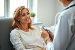 Doctor examining a patient during a consultation. The scene showcases a healthcare professional in a clinical setting, emphasizing patient care and medical checkups.