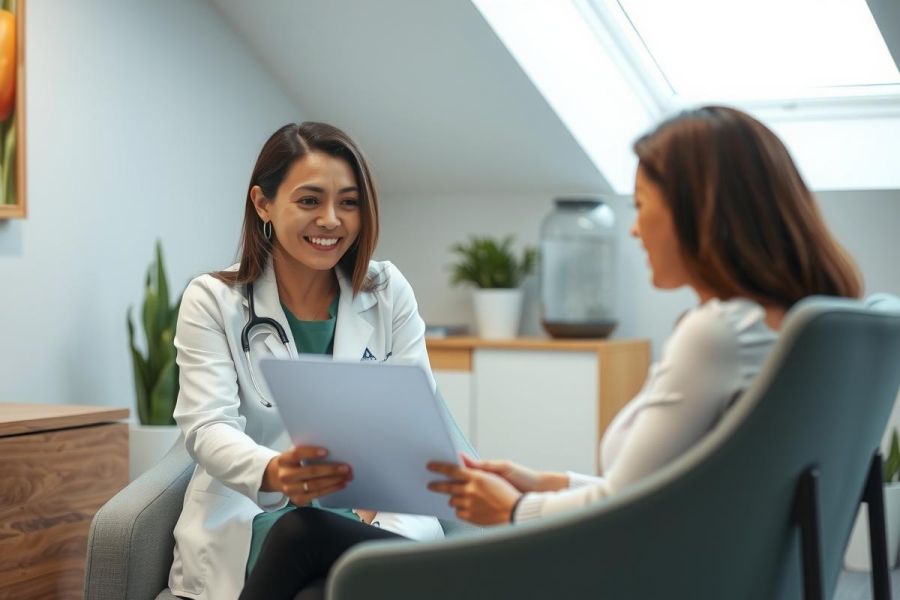 Doctor in a white coat consults with a patient in a bright, modern office. The scene conveys healthcare, consultation, and professional medical care. Green and white tones dominate the environment.