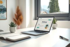 Minimalist workspace featuring a laptop, notebook, pen, and potted plants. Natural light floods the scene, showcasing a clean, modern aesthetic with a focus on productivity and a calming environment.