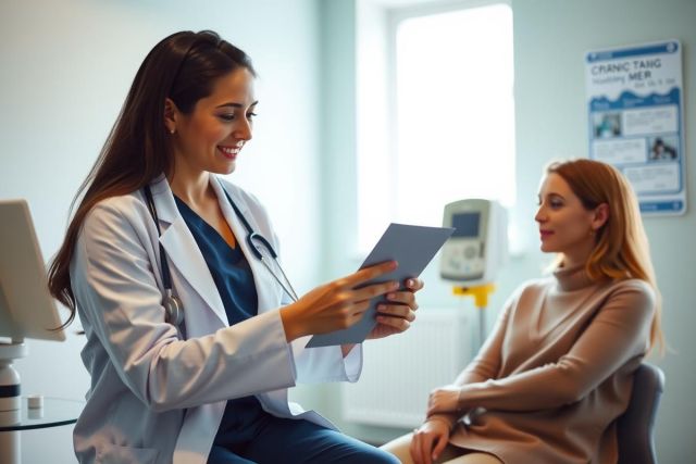 Doctor examines a patient's medical chart in a brightly lit clinic. The scene showcases a healthcare setting with a focus on patient care and medical consultation.