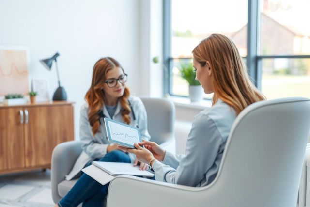A therapist or counselor sits with a client in a modern office setting. The scene features a woman holding a chart, suggesting a consultation or discussion. The warm lighting and neutral colors create a calming atmosphere.