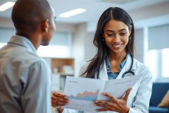 A female doctor in a white coat reviews patient data with a male colleague in a bright, modern clinic setting. They are looking at charts, suggesting a medical consultation or data analysis.
