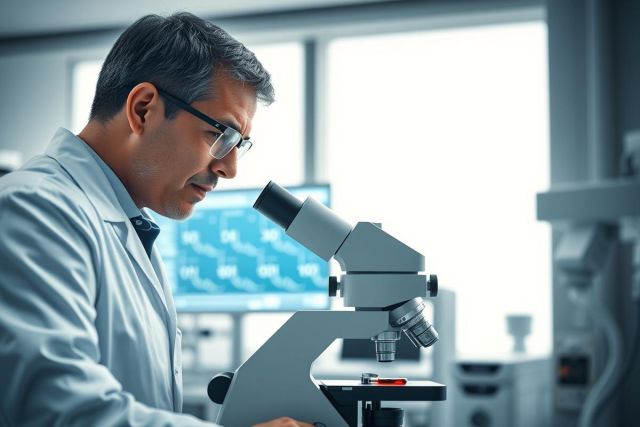 Scientist in a lab coat examining a microscope. Focused on research and analysis, the image features a modern laboratory setting with equipment and natural light. A professional working with scientific tools, ideal for science, healthcare, or technology related searches.