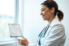 A smiling female doctor in a white coat and stethoscope presents near a window in a modern medical office. The image conveys healthcare, consultation, and professional medical services. Soft lighting and a clean, bright environment create a positive and trustworthy atmosphere.