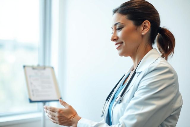 A smiling female doctor in a white coat and stethoscope presents near a window in a modern medical office. The image conveys healthcare, consultation, and professional medical services. Soft lighting and a clean, bright environment create a positive and trustworthy atmosphere.