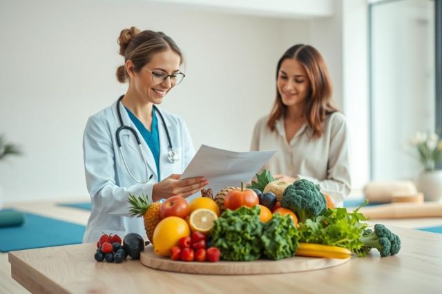 Doctor and patient discussing nutrition plan with fresh fruits and vegetables on a table. Bright, healthy food, medical consultation, wellness, and dietary advice are key themes. Focus on healthy lifestyle and preventative care.