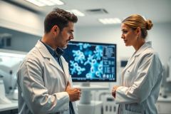 Two scientists in white lab coats discuss research in a modern laboratory setting. A screen displays a microscopic image of cells or bacteria, suggesting medical or biological research. The scene features a clean, bright environment with cool tones.