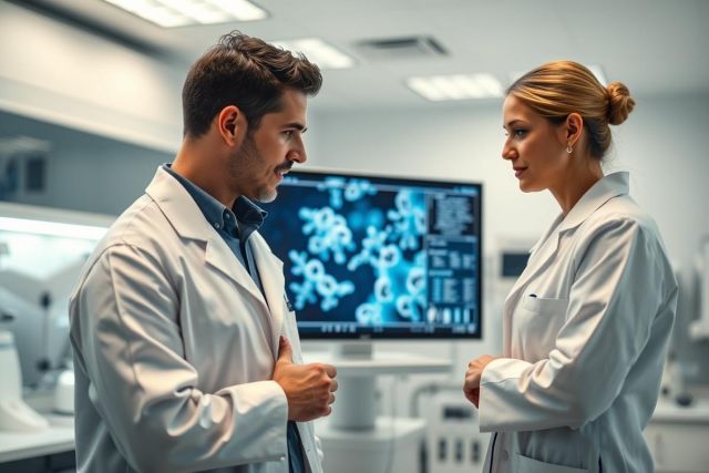 Two scientists in white lab coats discuss research in a modern laboratory setting. A screen displays a microscopic image of cells or bacteria, suggesting medical or biological research. The scene features a clean, bright environment with cool tones.