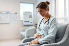 Smiling pregnant doctor in a bright, modern clinic. She wears a stethoscope and light blue scrubs, gently touching her belly. Healthcare, pregnancy, and maternal wellness themes are present in this image.