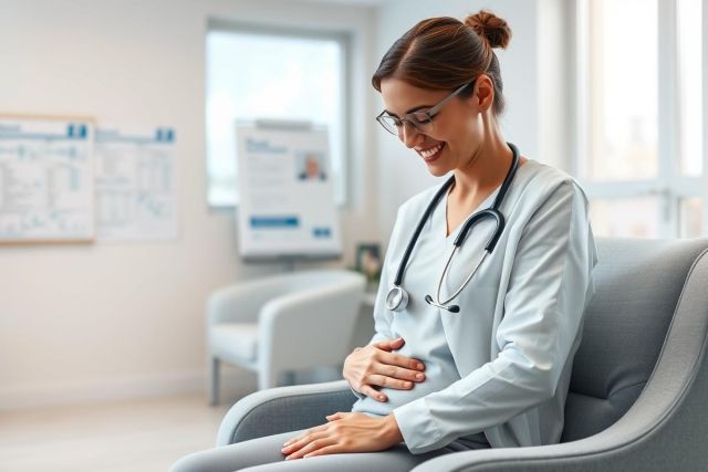 Smiling pregnant doctor in a bright, modern clinic. She wears a stethoscope and light blue scrubs, gently touching her belly. Healthcare, pregnancy, and maternal wellness themes are present in this image.