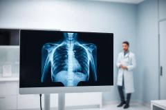 Chest X-ray displayed on a monitor in a medical clinic. A doctor in a white coat stands in the background. Blue and white tones dominate the scene, showcasing diagnostic imaging and healthcare examination.
