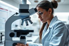 Scientist examining a microscope in a modern laboratory. The image features a female researcher in a white lab coat, focused on the scientific equipment. Bright, clean lighting and a blurred background suggest a research environment. Keywords: scientist, microscope, laboratory, research, science, medical, biology.