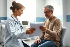 Doctor consults with a patient in a medical office. The female doctor, wearing a white coat and stethoscope, explains test results to a middle-aged man. The scene features a clean, modern interior with blue and white accents, emphasizing healthcare and patient care.