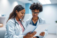Two healthcare professionals, a doctor and nurse, in white coats examine medical records in a bright, modern hospital setting. Focused on patient care, they review documents with a collaborative and professional atmosphere.  Blue and white tones dominate the scene.