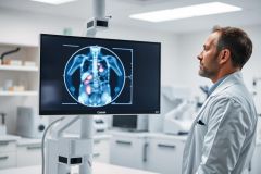 Doctor examines a medical scan on a monitor in a bright, modern hospital setting. The image displays a detailed CT scan of a human torso, highlighted in blue and red. Focus on diagnostics and healthcare technology.