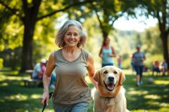 Active senior woman walking her golden retriever in a lush green park. Sunny day, vibrant colors, with other people exercising in the background. Represents healthy aging, dog walking, and outdoor activity.