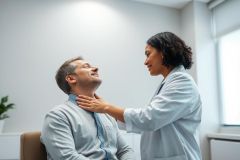 Doctor examining patient's throat in a bright, modern clinic. A female healthcare professional in a white coat checks a male patient, showcasing a medical consultation scene. Neutral colors and a clean environment emphasize healthcare services.