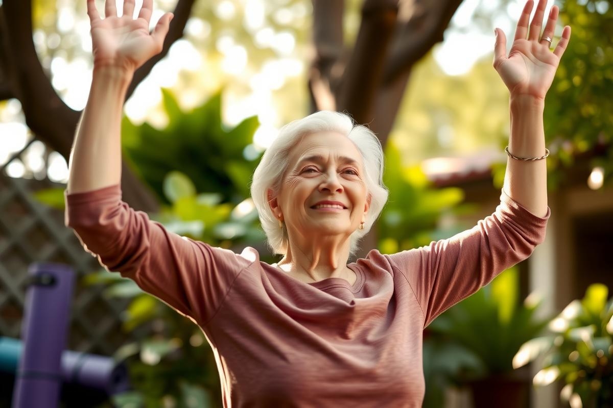 The image features an elderly woman celebrating outdoors during the day. She's wearing a pink top and has her arms raised, possibly in excitement or cheering. Her smile is warm, indicating a positive moment.