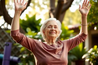 The image features an elderly woman celebrating outdoors during the day. She's wearing a pink top and has her arms raised, possibly in excitement or cheering. Her smile is warm, indicating a positive moment.