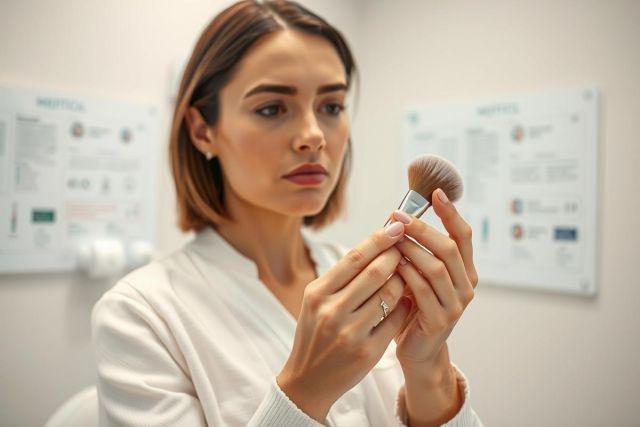 A young woman in a clean, bright room examines a makeup brush. The image showcases beauty tools and skincare, with a focus on cosmetics and a neutral color palette. Likely related to makeup application and beauty routines.