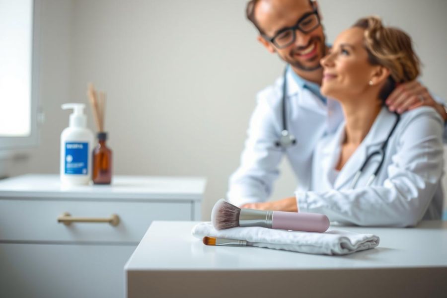 Doctor examining patient in a bright, modern office. Close-up of a medical professional with a warm expression, showcasing trust and care. Skincare products and a makeup brush on a table suggest cosmetic treatments.