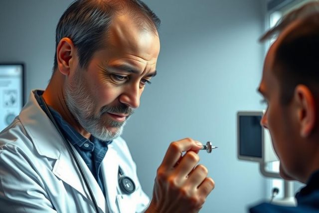 Doctor examining a medical device in a lab setting. He's wearing a white coat and carefully inspecting the object with focus, suggesting precision and medical expertise. The background shows equipment, highlighting the clinical environment.