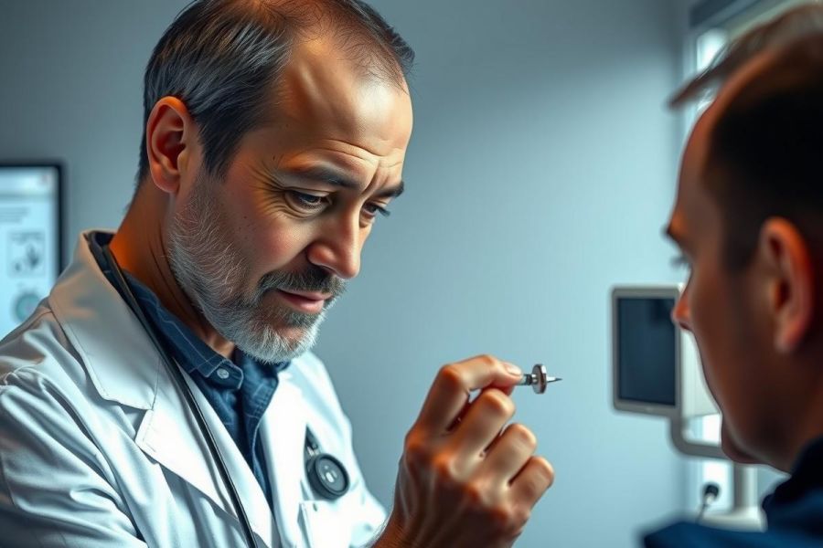 Doctor examining a medical device in a lab setting. He's wearing a white coat and carefully inspecting the object with focus, suggesting precision and medical expertise. The background shows equipment, highlighting the clinical environment.