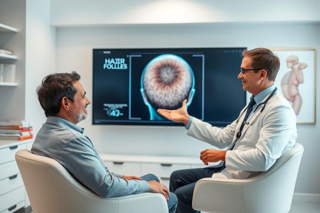 Doctor consults with patient about hair loss treatment in a modern clinic. The image shows a consultation, with a screen displaying a hair follicle graphic. The setting is bright and professional, featuring neutral colors and medical artwork. Focus on hair restoration and medical consultation.