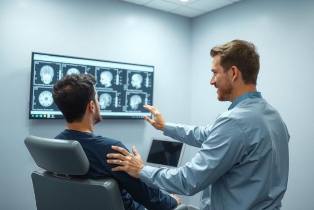 Doctor explains MRI scan results to a patient. Medical examination, healthcare, diagnostics, and radiology concepts are shown in a brightly lit clinic setting.
