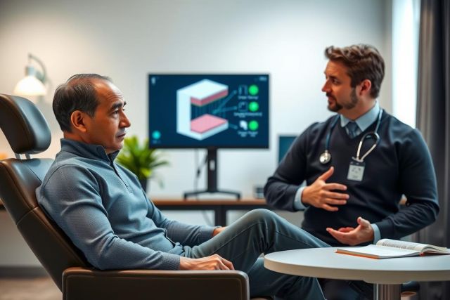 Doctor consults with patient in a modern office setting. Healthcare professional discusses health concerns with male patient seated comfortably. Warm lighting and neutral colors create a calming atmosphere. Focus on medical consultation and patient care.