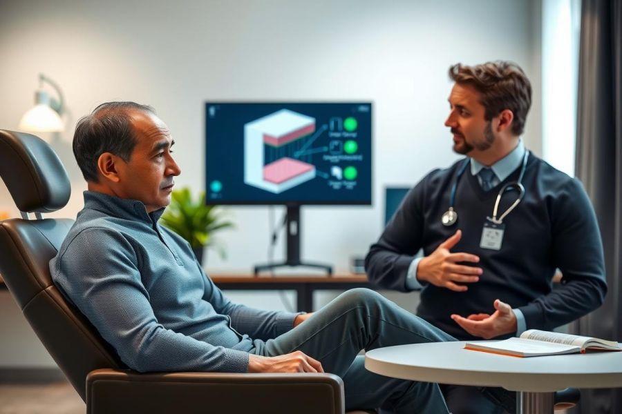 Doctor consults with patient in a modern office setting. Healthcare professional discusses health concerns with male patient seated comfortably. Warm lighting and neutral colors create a calming atmosphere. Focus on medical consultation and patient care.