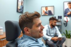 Man smiling, viewed from the side, in a brightly lit office setting. The room features medical equipment and a relaxed atmosphere. Focus is on the man’s expression and environment.