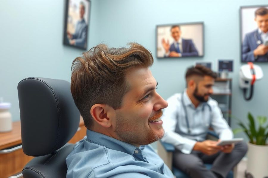Man smiling, viewed from the side, in a brightly lit office setting. The room features medical equipment and a relaxed atmosphere. Focus is on the man’s expression and environment.