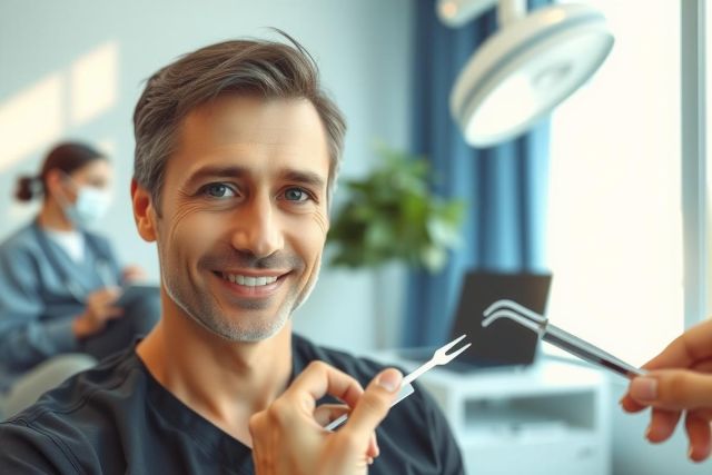 Dentist examining a patient during a dental checkup. Close-up of a smiling man holding dental instruments in a bright, modern dental office setting with blue curtains and medical equipment.