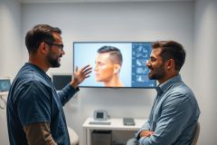 Consultation scene: A doctor discusses facial aesthetics with a patient in a modern clinic. A digital display shows a facial simulation. Blue tones dominate the environment, suggesting professionalism and technology in cosmetic procedures.