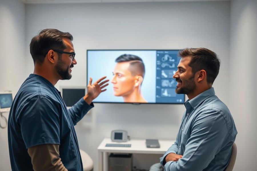 Consultation scene: A doctor discusses facial aesthetics with a patient in a modern clinic. A digital display shows a facial simulation. Blue tones dominate the environment, suggesting professionalism and technology in cosmetic procedures.