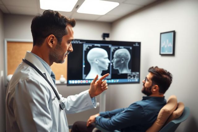 Doctor examining patient with ultrasound image displayed. Healthcare professional in white coat points at screen during consultation. Medical diagnosis and patient care setting.
