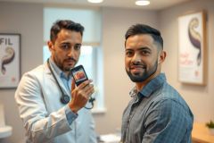 Doctor examining a patient, showcasing medical consultation. The doctor wears a white coat, holding a device, while the patient smiles. A bright, modern healthcare setting is visible.