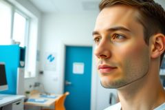 Man looking thoughtful in a modern office. Blue walls, orange chairs, and a computer desk create a vibrant workspace. Focus is on the subject's pensive expression.