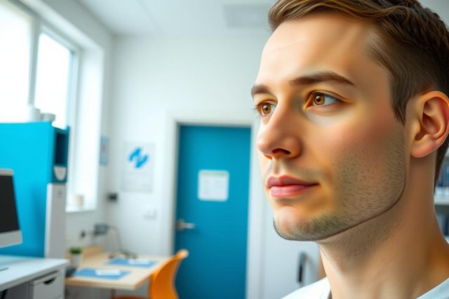 Man looking thoughtful in a modern office. Blue walls, orange chairs, and a computer desk create a vibrant workspace. Focus is on the subject's pensive expression.