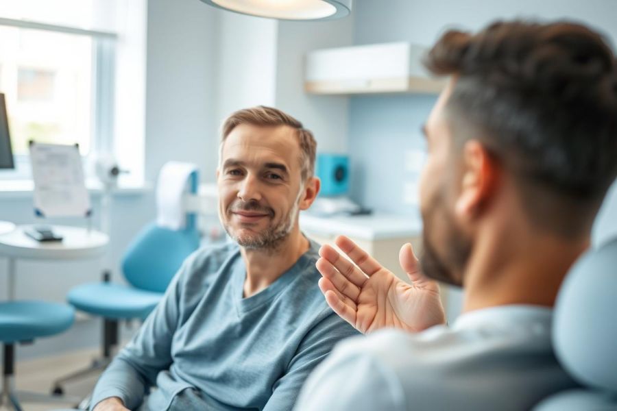 Doctor-patient consultation in a modern, bright medical office. Two men are engaged in discussion, with one seated in a blue chair. The room features light blue walls and medical equipment. Healthcare, doctor visit, and medical consultation themes are evident.