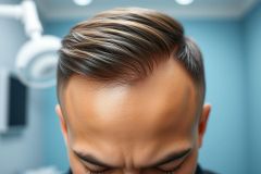 Close-up of a man's forehead and stylish, dark brown hair with highlights. Modern salon setting with blue walls and a bright light overhead. Focus on hair texture and grooming, possibly related to hair styling or hair transplant concepts.